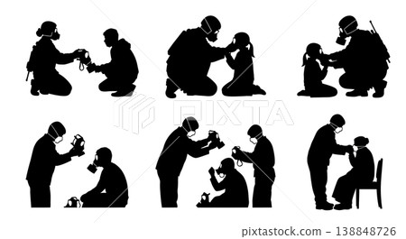 Black Solid Chemical Attack Gas Mask Medic Silhouettes Set Of Six On White Background Black Solid Chemical Attack Gas Mask Medic Silhouettes Set Of Six On White Background 138848726