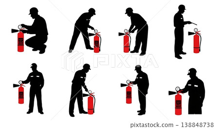 Black Solid Checking Pressure Fire Extinguisher Inspector Silhouettes Set of Six on White Background Black Solid Checking Pressure Fire Extinguisher Inspector Silhouettes Set of Six on White Background 138848738