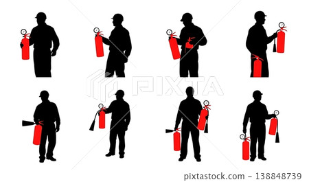 Black Solid Checking Pressure Fire Extinguisher Inspector Silhouettes Set of Six on White Background Black Solid Checking Pressure Fire Extinguisher Inspector Silhouettes Set of Six on White Background 138848739
