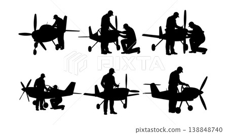 Black Solid Checking Small Propeller Blade Technician Silhouettes Set of Six on White Background Black Solid Checking Small Propeller Blade Technician Silhouettes Set of Six on White Background 138848740