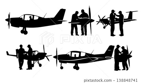 Black Solid Checking Small Propeller Blade Technician Silhouettes Set of Six on White Background Black Solid Checking Small Propeller Blade Technician Silhouettes Set of Six on White Background 138848741