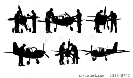 Black Solid Checking Small Propeller Blade Technician Silhouettes Set of Six on White Background 138848742