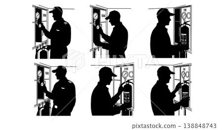 Black Solid Checking Fire Extinguisher Pressure Technician Silhouettes Set of Six on White Background 138848743