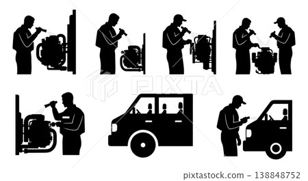 Black Solid Checking Engine Flashlight Mechanic Silhouettes Set of Six on White Background 138848752