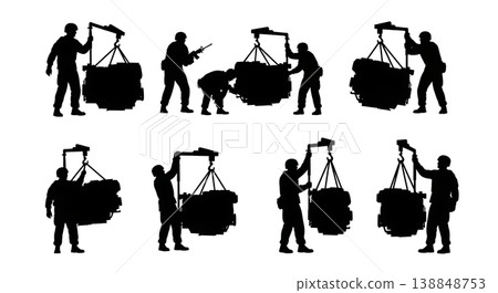 Black Solid Checking Engine Flashlight Mechanic Silhouettes Set of Six on White Background Black Solid Checking Engine Flashlight Mechanic Silhouettes Set of Six on White Background 138848753