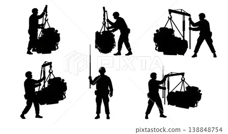 Black Solid Checking Engine Flashlight Mechanic Silhouettes Set of Six on White Background Black Solid Checking Engine Flashlight Mechanic Silhouettes Set of Six on White Background 138848754