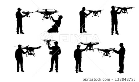Black Solid Checking Fertilizer Payload Drone Operator Silhouettes Set of Six on White Background Black Solid Checking Fertilizer Payload Drone Operator Silhouettes Set of Six on White Background 138848755