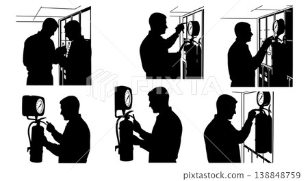 Black Solid Checking Fire Extinguisher Pressure Technician Silhouettes Set of Six on White Background 138848759