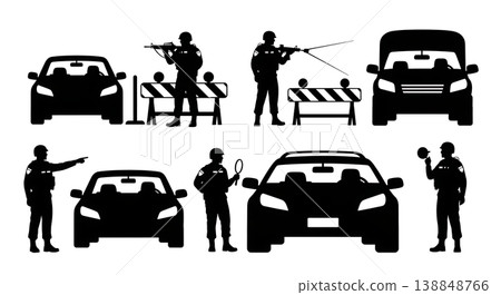Black Solid Checking Civilian Vehicle Roadblock Police Silhouettes Set of Six on White Background Black Solid Checking Civilian Vehicle Roadblock Police Silhouettes Set of Six on White Background 138848766