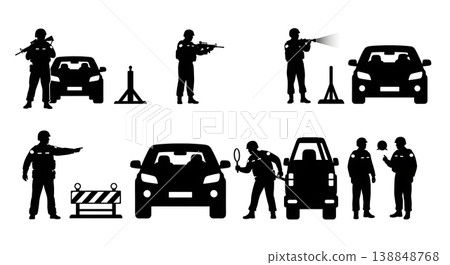 Black Solid Checking Civilian Vehicle Roadblock Police Silhouettes Set of Six on White Background Black Solid Checking Civilian Vehicle Roadblock Police Silhouettes Set of Six on White Background 138848768