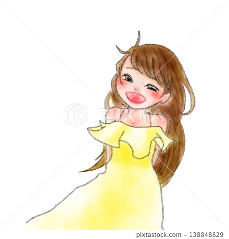 水彩風格的插畫,描繪了一個穿著黃色洋裝、笑容燦爛的女孩。 水彩風格的插畫,描繪了一個穿著黃色洋裝、笑容燦爛的女孩。 138848829