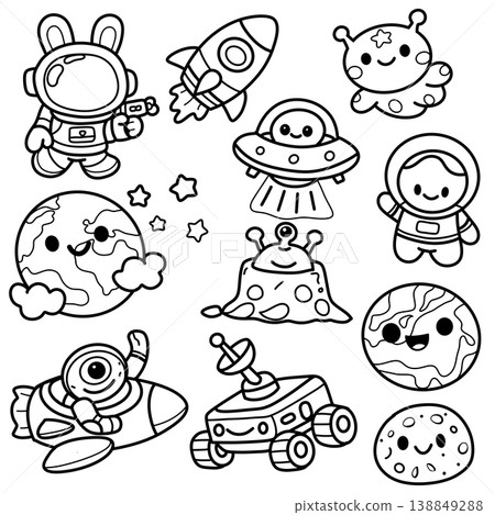 Cute astronaut rocket alien UFO Earth stars planet rover and moon cartoon illustration Cute astronaut rocket alien UFO Earth stars planet rover and moon cartoon illustration 138849288