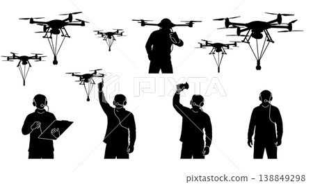 Black Solid Heavy Payload Dropzone Drone Operator Silhouettes Set of Six on White Background Black Solid Heavy Payload Dropzone Drone Operator Silhouettes Set of Six on White Background 138849298