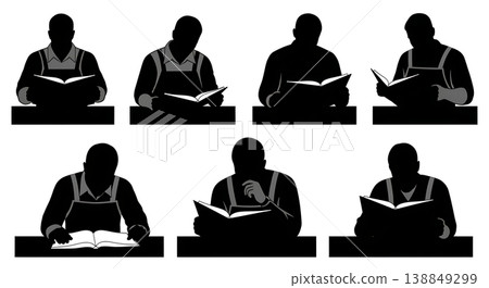 Black Solid Heavy Repair Manual Reading Silhouettes Set of Six on White Background 138849299