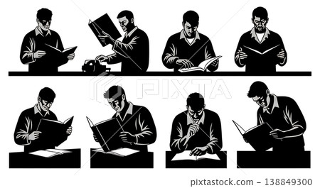 Black Solid Heavy Repair Manual Reading Silhouettes Set of Six on White Background 138849300