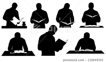 Black Solid Heavy Repair Manual Reading Silhouettes Set of Six on White Background 138849301
