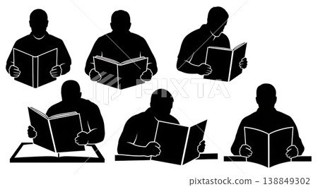 Black Solid Heavy Repair Manual Reading Silhouettes Set of Six on White Background 138849302