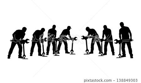 Black Solid Heavy Sailboat Keel Bolt Torquing Silhouettes Set of Six on White Background 138849303