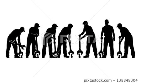 Black Solid Heavy Sailboat Keel Bolt Torquing Silhouettes Set of Six on White Background 138849304