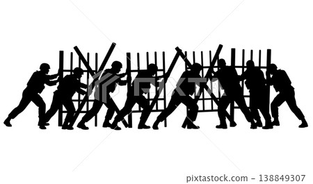 Black Solid Heavy Metal Barricade Pushing Silhouettes Set of Six on White Background 138849307
