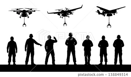 Black Solid Heavy Payload Dropzone Drone Operator Silhouettes Set of Six on White Background Black Solid Heavy Payload Dropzone Drone Operator Silhouettes Set of Six on White Background 138849314