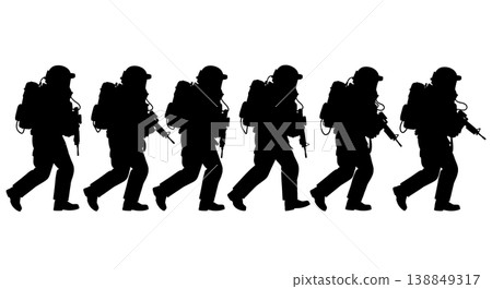 Black Solid Heavy EOD Suited Soldier Walking Silhouettes Set of Six on White Background Black Solid Heavy EOD Suited Soldier Walking Silhouettes Set of Six on White Background 138849317
