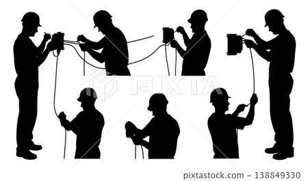 Black Solid Heavy Duty Marine Inverter Wiring Silhouettes Set of Six on White Background 138849330