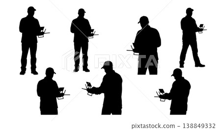Black Solid Farming Heavy Duty Remote Operator Silhouettes Set of Six on White Background 138849332