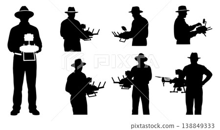 Black Solid Farming Heavy Duty Remote Operator Silhouettes Set of Six on White Background 138849333