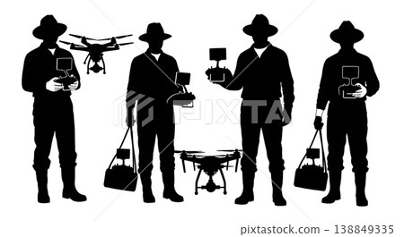 Black Solid Farming Heavy Duty Remote Operator Silhouettes Set of Six on White Background Black Solid Farming Heavy Duty Remote Operator Silhouettes Set of Six on White Background 138849335
