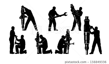 Black Solid Heavy Diesel Injector Swapping Silhouettes Set of Six on White Background Black Solid Heavy Diesel Injector Swapping Silhouettes Set of Six on White Background 138849336