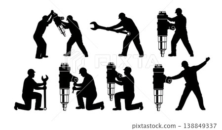 Black Solid Heavy Diesel Injector Swapping Silhouettes Set of Six on White Background 138849337