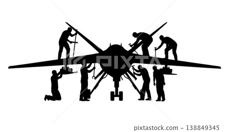 Black Solid Heavy Combat Drone Wing Repair Technicians Silhouettes Set of Six on White Background Black Solid Heavy Combat Drone Wing Repair Technicians Silhouettes Set of Six on White Background 138849345