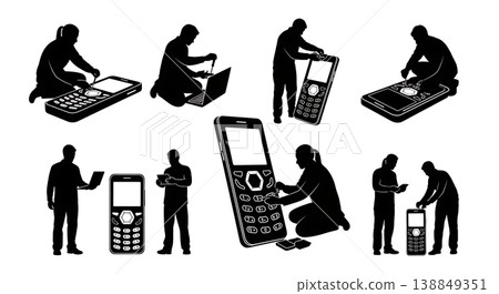 Black Solid Heavy Communication Cabling Technicians Silhouettes Set of Six on White Background 138849351