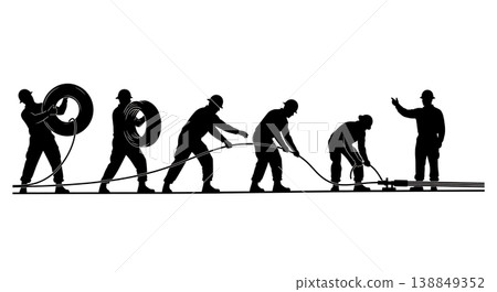Black Solid Heavy Communication Cabling Technicians Silhouettes Set of Six on White Background 138849352