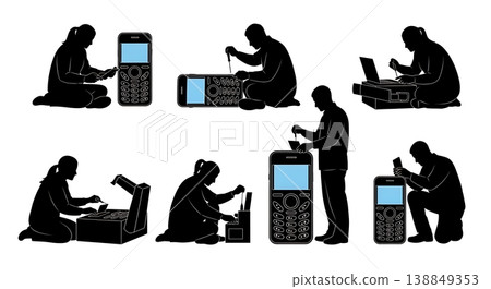 Black Solid Heavy Communication Cabling Technicians Silhouettes Set of Six on White Background 138849353