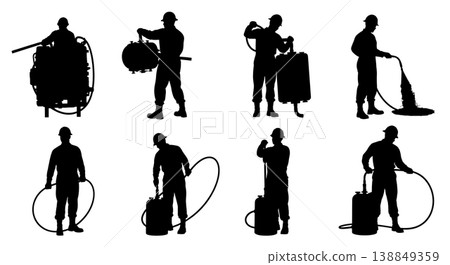 Black Solid Heat Exchanger Flushing Mechanic Silhouettes Set of Six on White Background Black Solid Heat Exchanger Flushing Mechanic Silhouettes Set of Six on White Background 138849359
