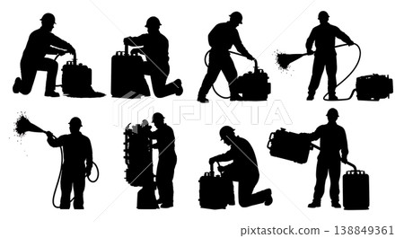 Black Solid Heat Exchanger Flushing Mechanic Silhouettes Set of Six on White Background 138849361