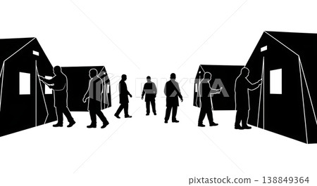 Black Solid Hazmat Suit Patching Technicians Silhouettes Set of Six on White Background Black Solid Hazmat Suit Patching Technicians Silhouettes Set of Six on White Background 138849364