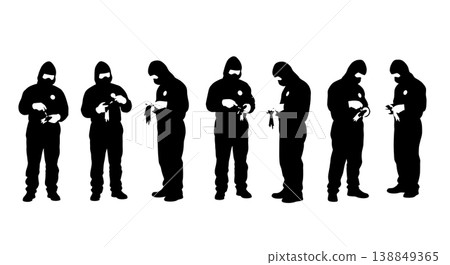 Black Solid Hazmat Suit Patching Technicians Silhouettes Set of Six on White Background Black Solid Hazmat Suit Patching Technicians Silhouettes Set of Six on White Background 138849365