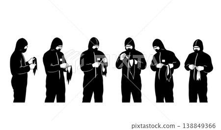 Black Solid Hazmat Suit Patching Technicians Silhouettes Set of Six on White Background Black Solid Hazmat Suit Patching Technicians Silhouettes Set of Six on White Background 138849366