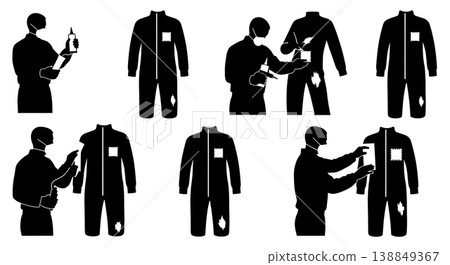 Black Solid Hazmat Suit Patching Technicians Silhouettes Set of Six on White Background Black Solid Hazmat Suit Patching Technicians Silhouettes Set of Six on White Background 138849367