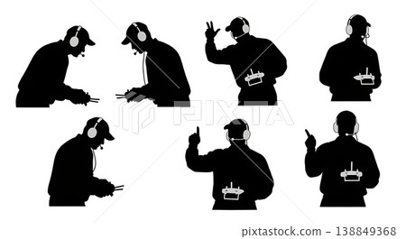 Black Solid Headset Command Racing Operator Silhouettes Set of Six on White Background Black Solid Headset Command Racing Operator Silhouettes Set of Six on White Background 138849368