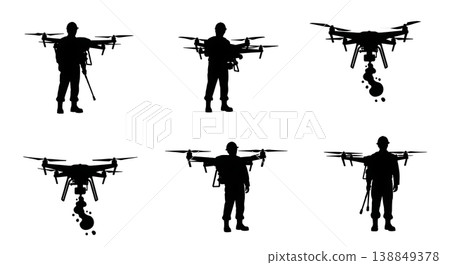 Black Solid Hazardous Spill Safety Drone Inspector Silhouettes Set of Six on White Background Black Solid Hazardous Spill Safety Drone Inspector Silhouettes Set of Six on White Background 138849378