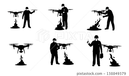 Black Solid Hazardous Spill Safety Drone Inspector Silhouettes Set of Six on White Background Black Solid Hazardous Spill Safety Drone Inspector Silhouettes Set of Six on White Background 138849379