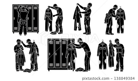 Black Solid Hanging Dirty Coverall Locker Hook Worker Silhouettes Set of Six on White Background 138849384