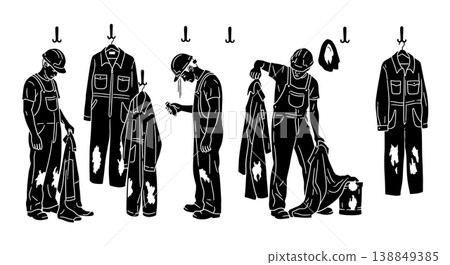Black Solid Hanging Dirty Coverall Locker Hook Worker Silhouettes Set of Six on White Background Black Solid Hanging Dirty Coverall Locker Hook Worker Silhouettes Set of Six on White Background 138849385