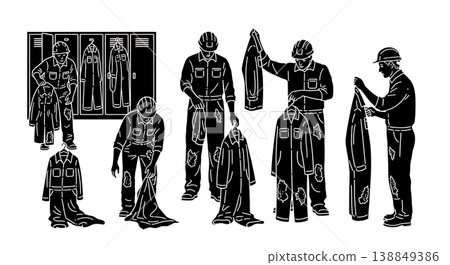 Black Solid Hanging Dirty Coverall Locker Hook Worker Silhouettes Set of Six on White Background Black Solid Hanging Dirty Coverall Locker Hook Worker Silhouettes Set of Six on White Background 138849386