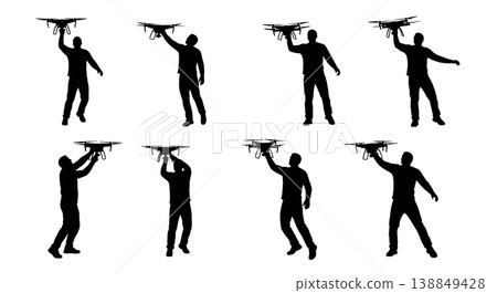 Black Solid Hand Launching Quadcopter Operator Silhouettes Set of Six on White Background 138849428