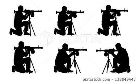 Black Solid Grenade Launcher Assembly Technicians Silhouettes Set of Six on White Background Black Solid Grenade Launcher Assembly Technicians Silhouettes Set of Six on White Background 138849443